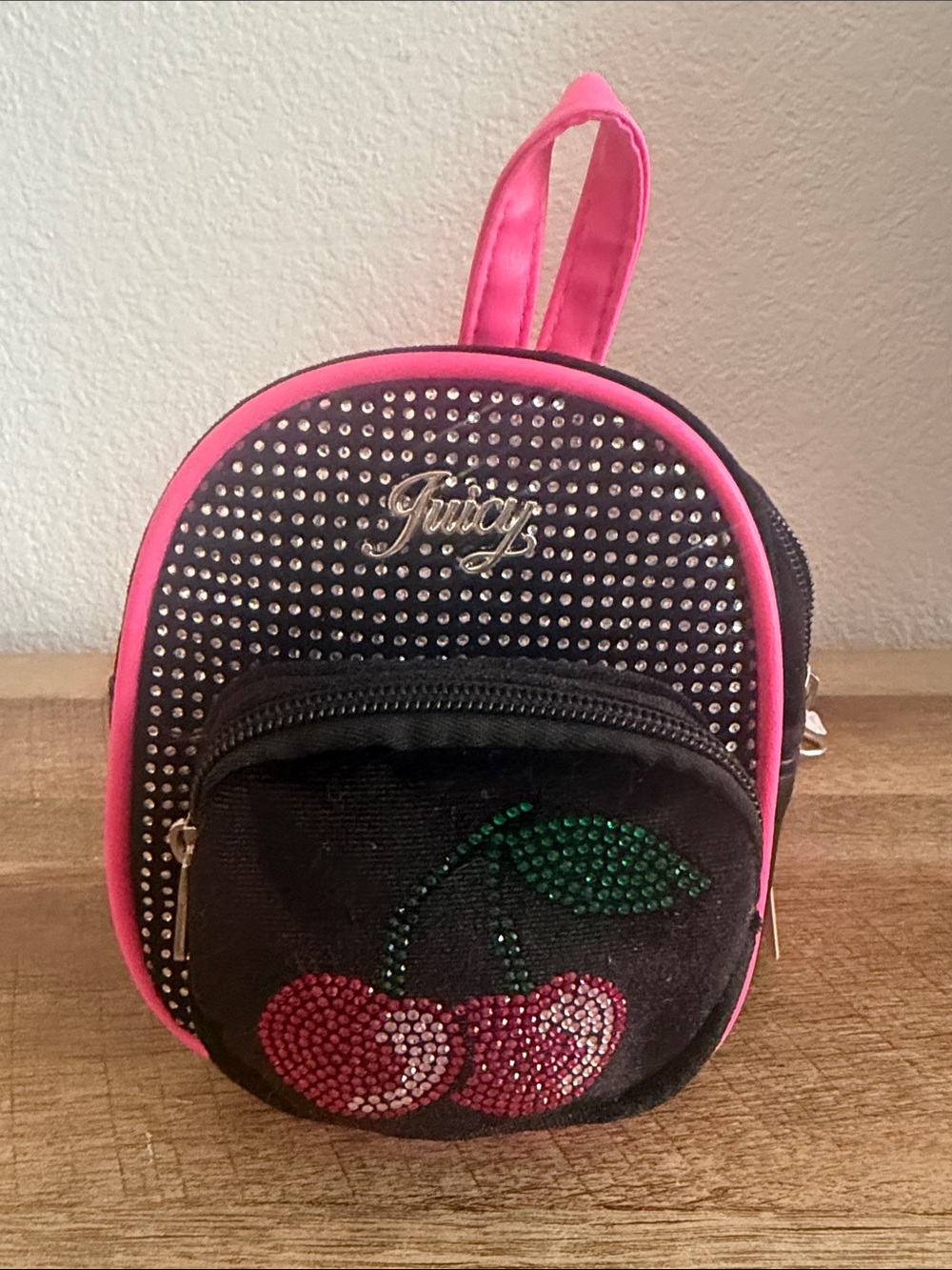 Juicy Couture Black & Hot Pink Rhinestone Cherry Mini Backpack